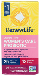 Renew Life frasco delantero mostrando el envase y beneficio de soporte femenino
