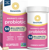 Renew Life frasco frontal de Women’s Care Probiotic mostrando etiqueta y cantidad