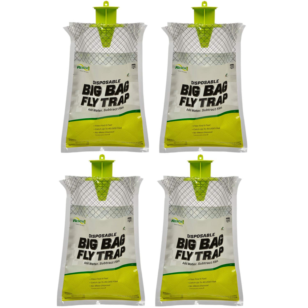 RESCUE! front packaging showing four disposable big bag fly traps and usage benefit