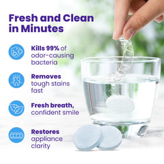Retainer Brite tableta efervescente de cerca demostrando disolución rápida