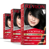 Revlon ColorSilk empaque frontal mostrando tono Soft Black y beneficio color vibrante