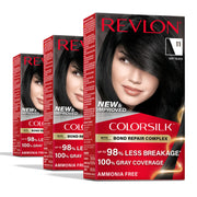 Revlon ColorSilk empaque frontal mostrando tono Soft Black y beneficio color vibrante