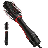 REVLON front product shot showing sleek black dryer brush and travel-ready design
