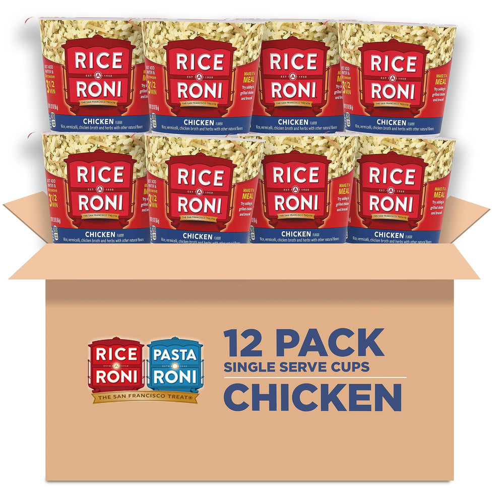 Rice-A-Roni vista frontal de la taza sabor pollo, porción lista y práctica