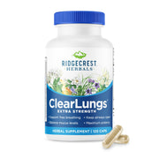 RidgeCrest Herbals bottle front view showing ClearLungs Extra Strength packaging and benefits