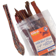 Riley's empaque frontal mostrando 5 bully sticks, beneficio: presentación clara