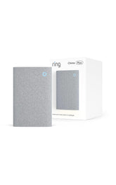 Ring Chime Plus front view showing sleek white housing and plug, enhances alert reach