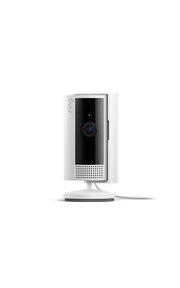 Ring indoor cam front view showing compact white camera and lens for clear monitoring