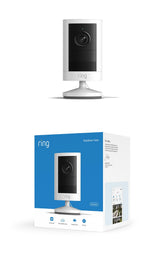 Ring Outdoor Cam front view showing sleek white housing and wide-angle lens benefit: clear coverage