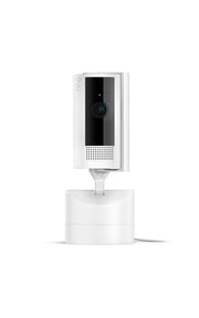 Ring front view showing sleek white camera and full-room coverage benefit