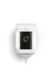 Ring Spotlight Cam Plus front view showing camera and benefits of clear surveillance