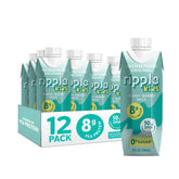 Ripple front carton shot showing unsweetened pea protein and kid‑friendly branding for convenience