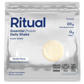 Ritual front container of vanilla pea protein showing branding and size, highlights traceability