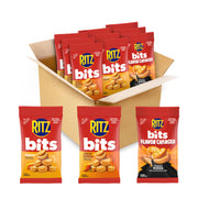 Ritz frente del surtido de nueve bolsas mostrando etiquetas y variedad, conveniencia para llevar