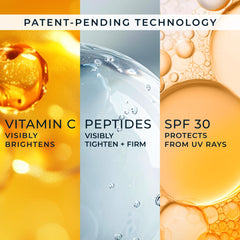 RoC etiqueta con ingredientes clave visibles, beneficio: vitamina C estable y péptidos