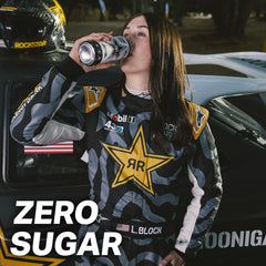 Rockstar Pure Zero beside a water bottle to show 16oz can size and portion clarity