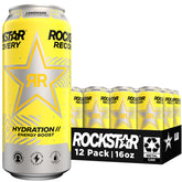 Rockstar can front packaging showing lemonade flavor and 16oz size, energizes refreshment