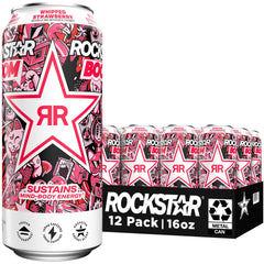 Rockstar can front view showing Boom Whipped Strawberry flavor and bold branding benefit