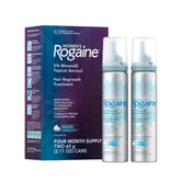 Rogaine front packaging showing two foam canisters and treatment benefit