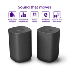 Roku speakers placed behind sofa for immersive surround effect