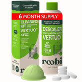 Roobi front package showing complete Vertuo descaling kit and easy maintenance benefit