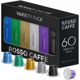 ROSso CAFFÈ front packaging showing variety pack and capsule count benefits freshness