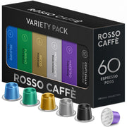 ROSso CAFFÈ front packaging showing variety pack and capsule count benefits freshness