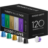 ROSSO CAFFÈ pack frontal mostrando las 120 cápsulas y variedad de mezclas