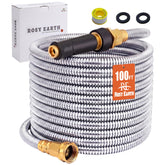 Rosy Earth front view of 100 FT stainless steel hose showing full length benefit