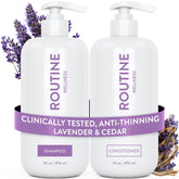Routine Wellness frasco frontal lavanda cedro mostrando diseño y beneficio voluminizador