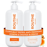 Routine Wellness front packaging showing shampoo and conditioner, highlights set benefits