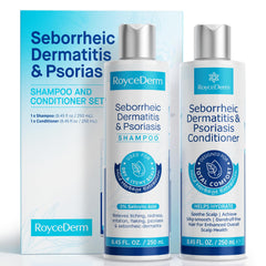 Roycederm set frontal mostrando champú y acondicionador para alivio del cuero cabelludo