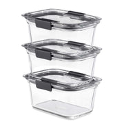 Rubbermaid Brilliance clear set front packaging showing leakproof lids and glass bases for organized storage