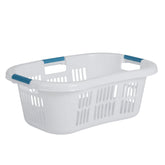 Rubbermaid vista frontal de la cesta blanca mostrando capacidad y diseño ergonómico