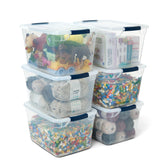 Rubbermaid Cleverstore front view of six-pack showing clear bins and lids, organizes spaces