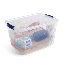 Rubbermaid Cleverstore stacked on shelf, saves vertical space and keeps items tidy