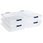 Rubbermaid front view of four clear bins showing neat organization benefit