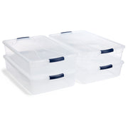 Rubbermaid front view of four clear bins showing neat organization benefit