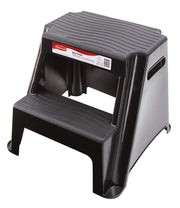 Rubbermaid front view of two-step stool showing stable standing platform benefit