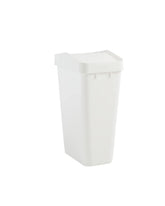 Rubbermaid front view of swing top trash can showing sleek white design and easy access