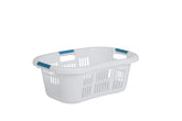 Rubbermaid front view of white hip-hugger basket showing shape and stackability benefit