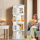 RUNSUNSPRI front view of rotating bookshelf showing compact vertical storage and accessibility