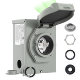 RVMATE front view inlet box showing NEMA SS2-50P and easy access benefit