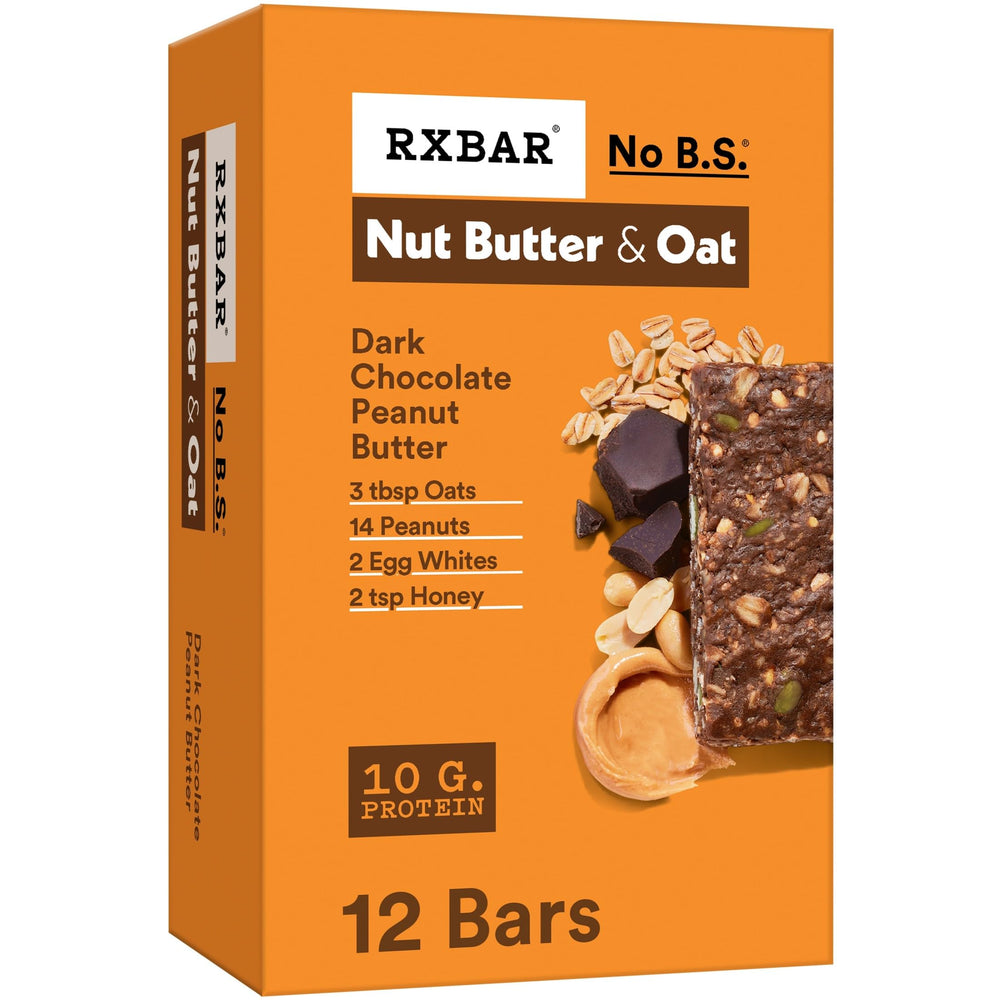 RXBAR caja frontal Dark Chocolate Peanut Butter mostrando presentación y beneficio práctico