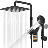 Ryamen front view of dual shower head combo demonstrating modern black finish and full coverage benefit