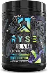 RYSE Godzilla X envase frontal mostrando sabor Monsterberry Lime y energía