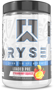 RYSE Up Supplements frasco frontal Strawberry Squeeze mostrando diseño y 30 servicios