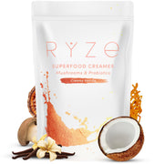 RYZE SUPERFOODS front packaging showing organic creamer benefits and servings