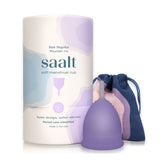 saalt soft cup front packaging showing product and carry bag benefit: discreet storage