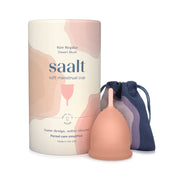 saalt soft cup front packaging showing product and carry bag for convenience